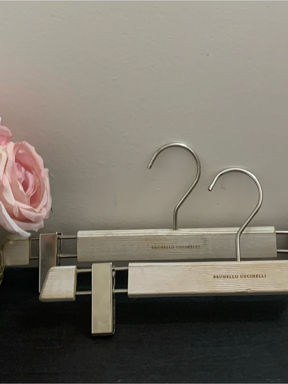 Brunello Cucinelli Natural Wood & Silver Clip Luxury Brand Hangers Set of 2